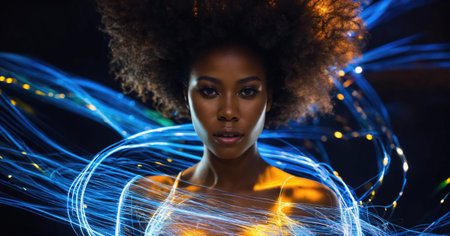 Beautiful african american woman with afro hairstyle and outlined in light. ai generative.の素材