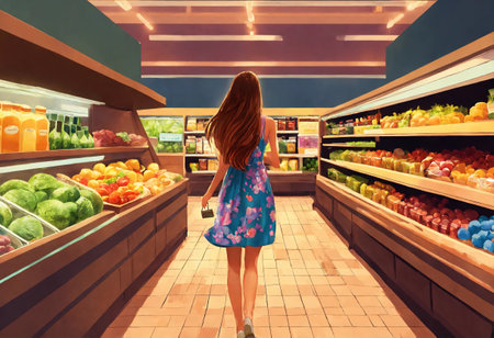 The beautiful woman is looking at the shelves to buy something from the supermarket. ai generative.の素材
