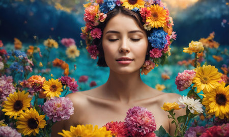 Portrait of beautiful woman with flower wreath on her head. ai generative.の素材
