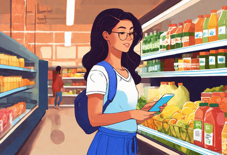 The beautiful woman is looking at the shelves to buy something from the supermarket. ai generative.の素材