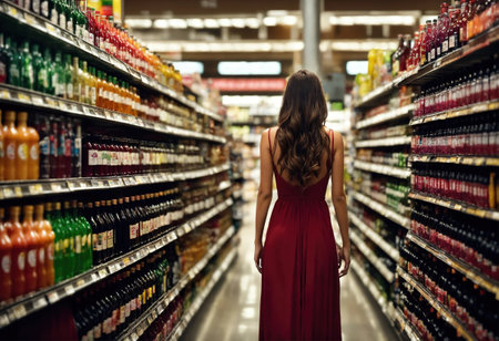 The beautiful woman is looking at the shelves to buy something from the supermarket. ai generative.の素材