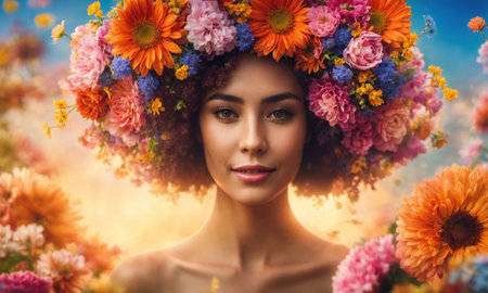Portrait of beautiful woman with flower wreath on her head. ai generative.の素材