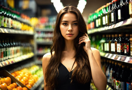 The beautiful woman is looking at the shelves to buy something from the supermarket. ai generative.の素材
