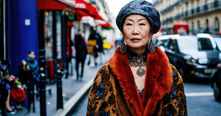 60 year old Asian female model in Paris Fashion Week. ai generative.の素材