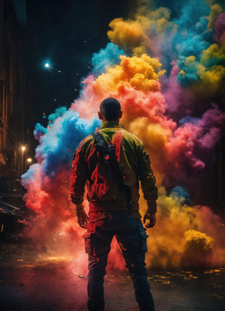 Beautiful young man with colorfull hair in colorful smoke. ai generative.の素材