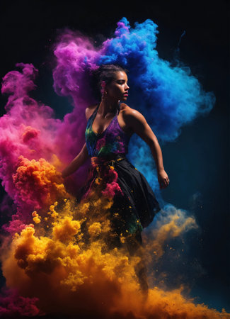 Beautiful young woman with colorfull hair in colorful smoke. ai generative.の素材