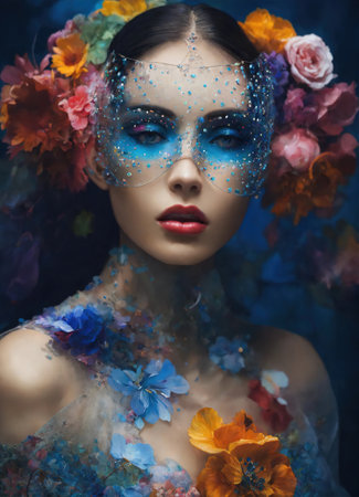 Portrait of a beautiful young woman with bright make up and Venetian mask. ai generative.の素材