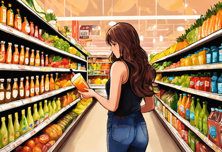 The beautiful woman is looking at the shelves to buy something from the supermarket. ai generative.の素材