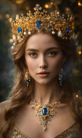 Portrait of beautiful young woman in crown. Luxury makeup and hairstyle. ai generative.の素材