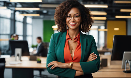 Young happy cheerful professional business woman looking at camera. ai generative.の素材