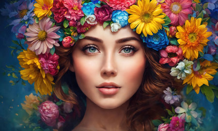 Portrait of beautiful woman with flower wreath on her head. ai generative.の素材