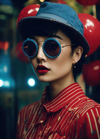 Fashion portrait of young beautiful asian woman with short hairstyle and sunglasses in a stylish dress. ai generative.の素材