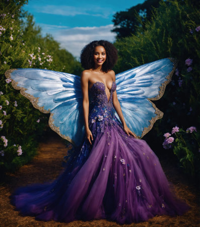 Beautiful young woman in a purple dress with make up and flowers. Beauty, fashion. ai generative.の素材