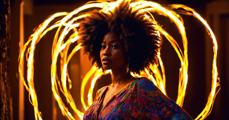 Beautiful african american woman with afro hairstyle and outlined in light. ai generative.の素材