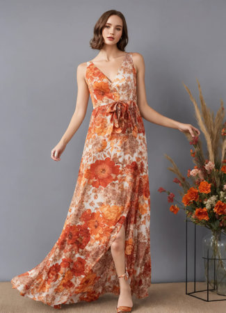 Fashionable evening orange summer dress on a mannequin. ai generative. ai generative.の素材
