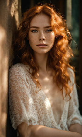 Portrait of a beautiful redhead girl with freckles on her face. ai generative.の素材
