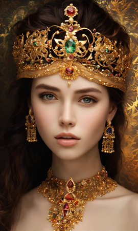 Portrait of beautiful young woman in crown. Luxury makeup and hairstyle. ai generative.の素材