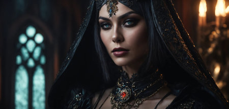 Beautiful Extremely Evil wicked satanic goth black beautiful gothic woman. ai generative.の素材