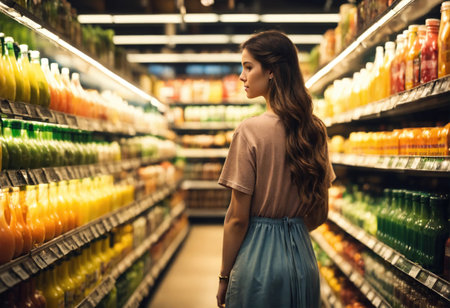 The beautiful woman is looking at the shelves to buy something from the supermarket. ai generative.の素材