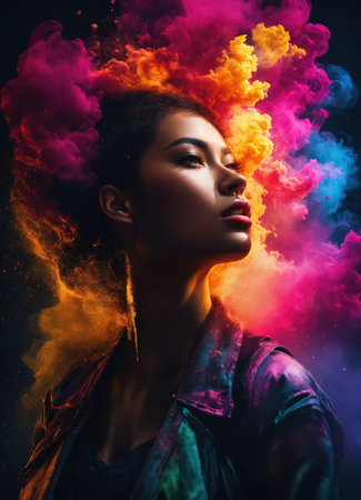 Beautiful young woman with colorfull hair in colorful smoke. ai generative.の素材