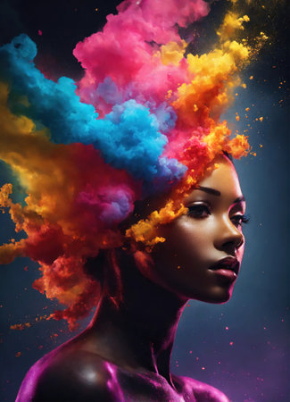 Beautiful young woman with colorfull hair in colorful smoke. ai generative.の素材