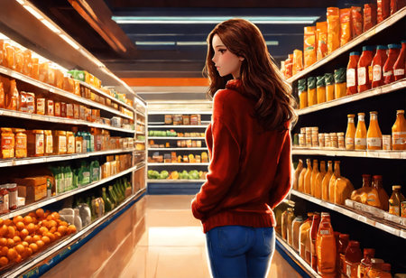 The beautiful woman is looking at the shelves to buy something from the supermarket. ai generative.の素材