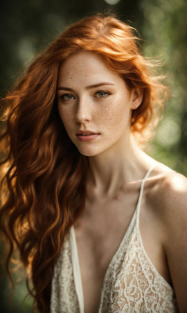 Portrait of a beautiful redhead girl with freckles on her face. ai generative.の素材