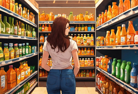 The beautiful woman is looking at the shelves to buy something from the supermarket. ai generative.の素材
