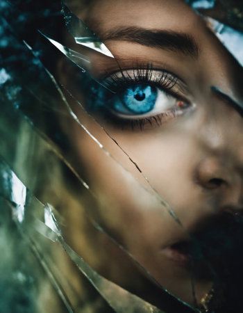 Close up shot of a beautiful woman's eye through broken glass. ai generative.の素材