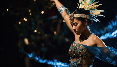 Beautiful young woman in a wreath of flowers dancing flamenco. ai generative.の素材