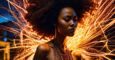 Beautiful african american woman with afro hairstyle and outlined in light. ai generative.の素材