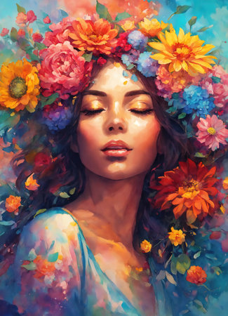 Portrait of beautiful woman with flower wreath on her head. ai generative.の素材