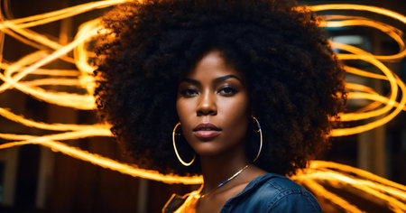 Beautiful african american woman with afro hairstyle and outlined in light. ai generative.の素材