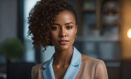 Portrait of beautiful african american businesswoman standing in office. ai generative.の素材