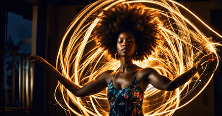 Beautiful african american woman with afro hairstyle and outlined in light. ai generative.の素材