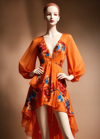 Fashionable evening orange summer dress on a mannequin. ai generative. ai generative.の素材