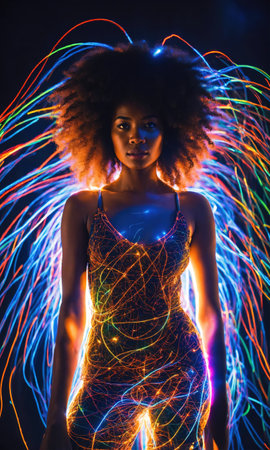 Beautiful african american woman with afro hairstyle and outlined in light. ai generative.の素材