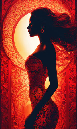 Fashion art portrait of a beautiful woman in a red dress. ai generative.の素材