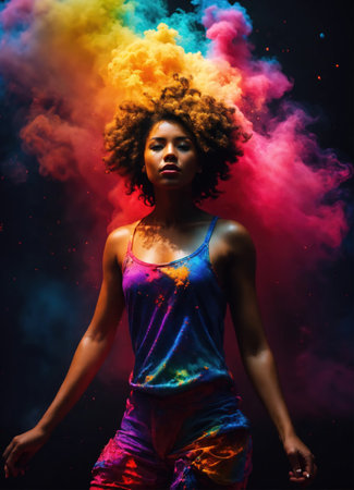 Beautiful young woman with colorfull hair in colorful smoke. ai generative.の素材