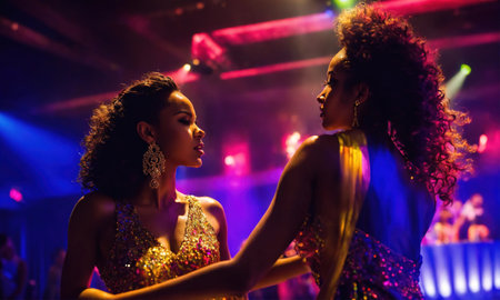 african american women in evening dresses dancing in nightclub. ai generative.の素材