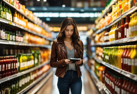 The beautiful woman is looking at the shelves to buy something from the supermarket. ai generative.の素材