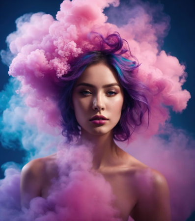 Portrait of a beautiful young woman with pink hair and smoke clouds. ai generative.の素材