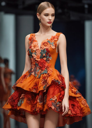 Fashionable evening orange summer dress on a mannequin. ai generative. ai generative.の素材