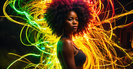 Beautiful african american woman with afro hairstyle and outlined in light. ai generative.の素材