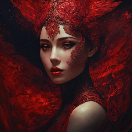 Fashion art portrait of a beautiful woman in a red dress. ai generative.の素材