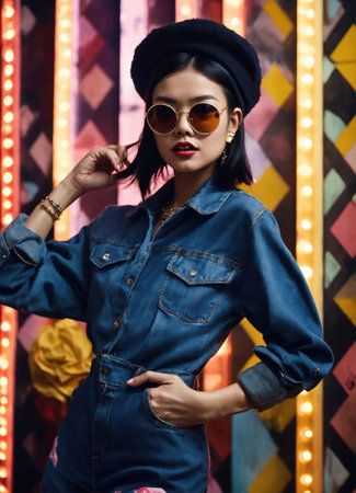 Fashion portrait of young beautiful asian woman with short hairstyle and sunglasses in a stylish dress. ai generative.の素材