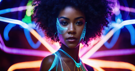 Beautiful african american woman with afro hairstyle and outlined in light. ai generative.の素材