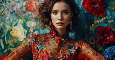 fashion photo of beautiful woman in a long luxurious dress posing. ai generative.の素材