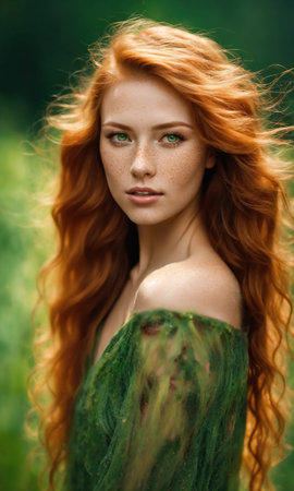 Portrait of a beautiful redhead girl with freckles on her face. ai generative.の素材