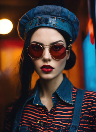 Fashion portrait of young beautiful asian woman with short hairstyle and sunglasses in a stylish dress. ai generative.の素材